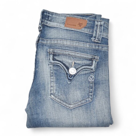 Vigoss Bootcut Jeans Women Size 3 Stretch Rear Flap Pocket Indigo Wash EUC - Picture 1 of 11